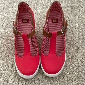 BC Red and Brown T-Strap Wedge Shoes